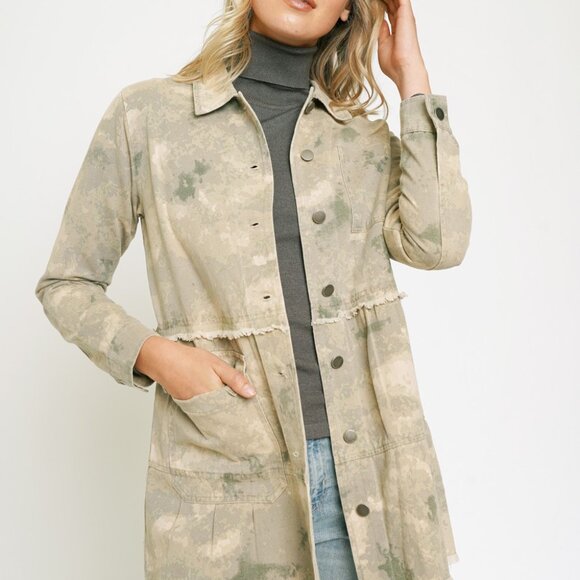 MYSTREE TIERED LONG TRUCKER JACKET Camo Utility Shacket, Beige Green Distressed - Picture 2 of 10